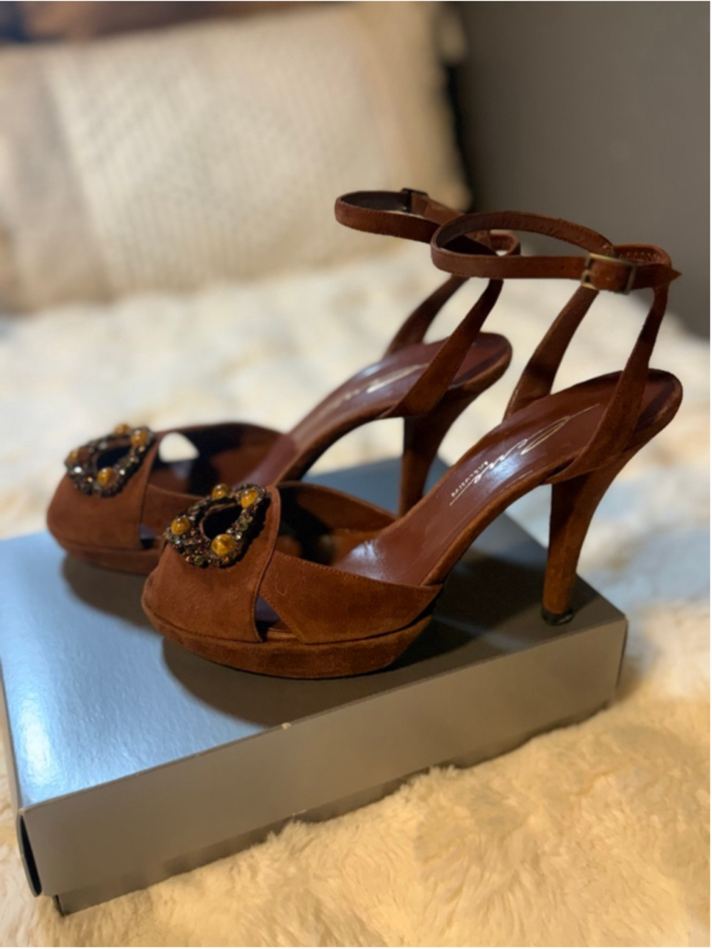 Preowned , Lerre Exclusive brown suede peep-toe sandals with jeweled buckle. - Picture 2 of 4